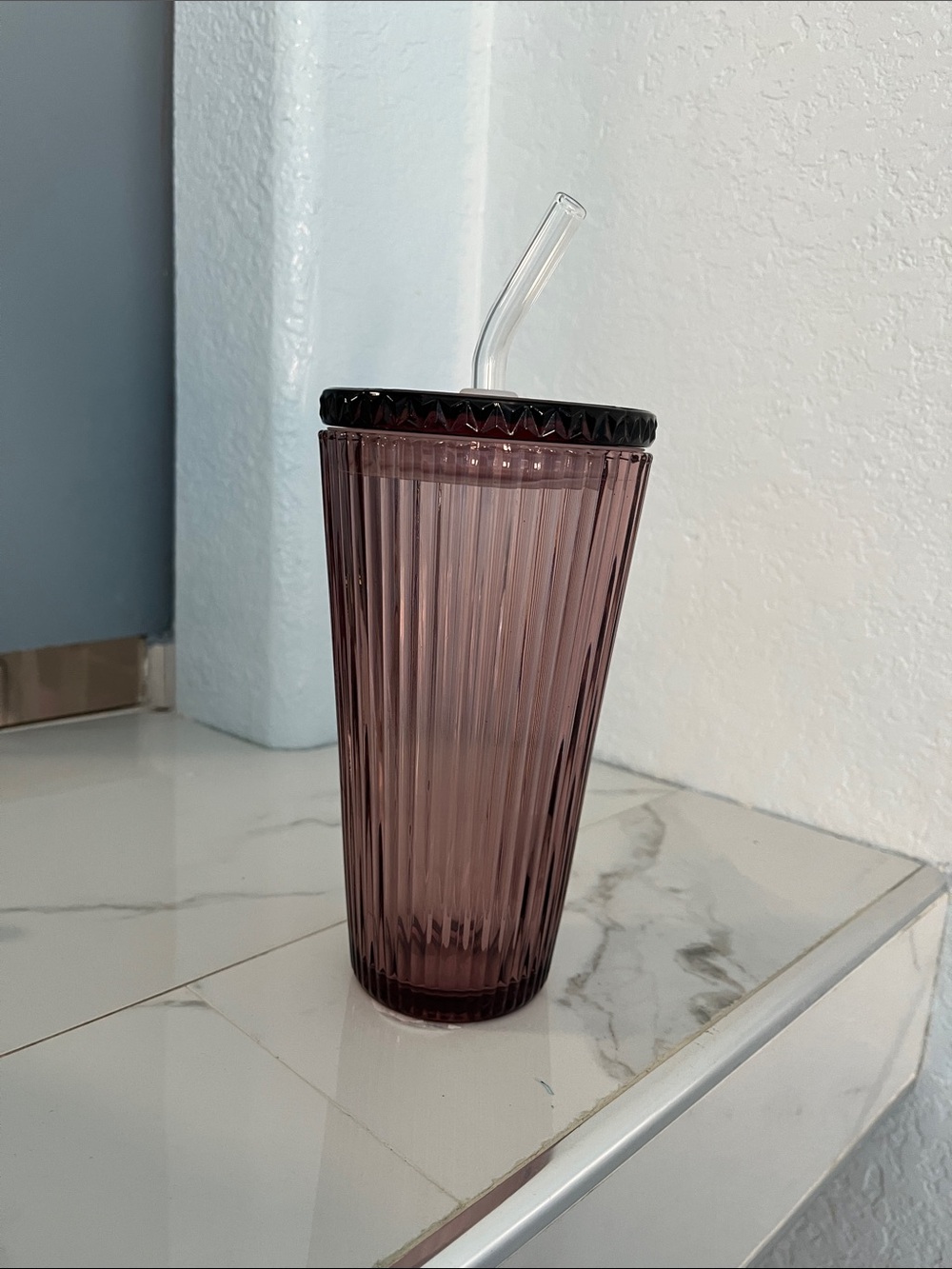 Ribbed Purple Glass Tumbler with Straw and Lid